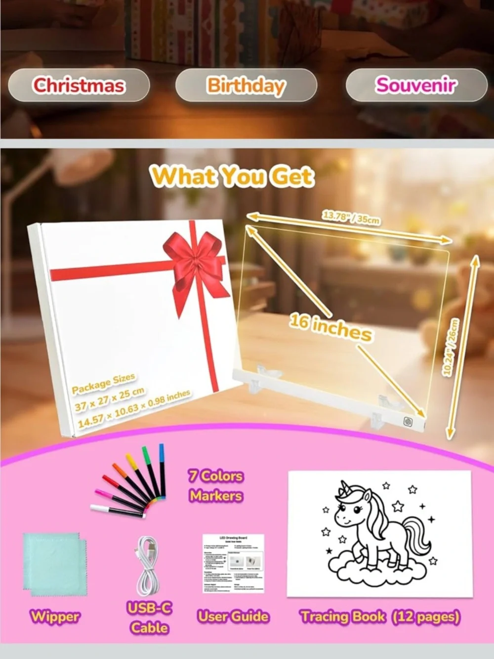 Kids LED Drawing Board with 8 colors 4 modes reusable acrylic writing doodle